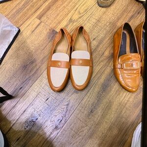 Tory Burch Tan Leather and Cream Woven Penny Loafers